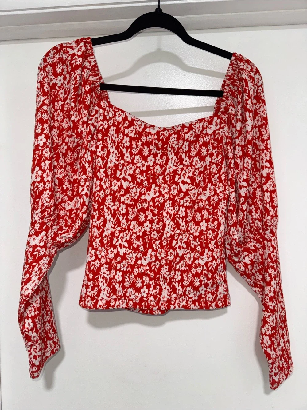 Anthropologie Red White Floral Square-Neck Puff Sleeve Blouse